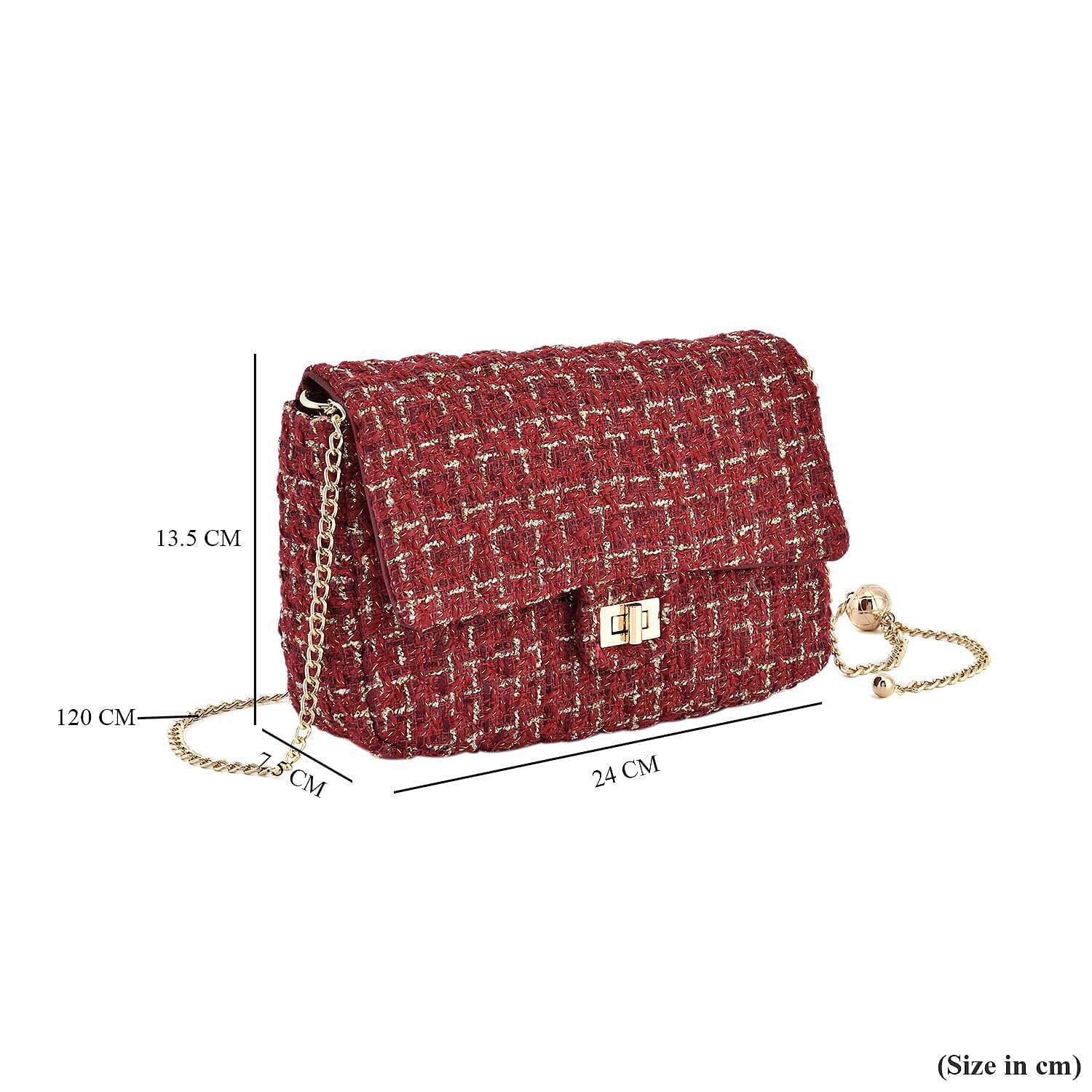 Designer Inspired - Tweed Shoulder Bag with Adjustable Shoulder Metal Chain - Burgundy 7192428 7