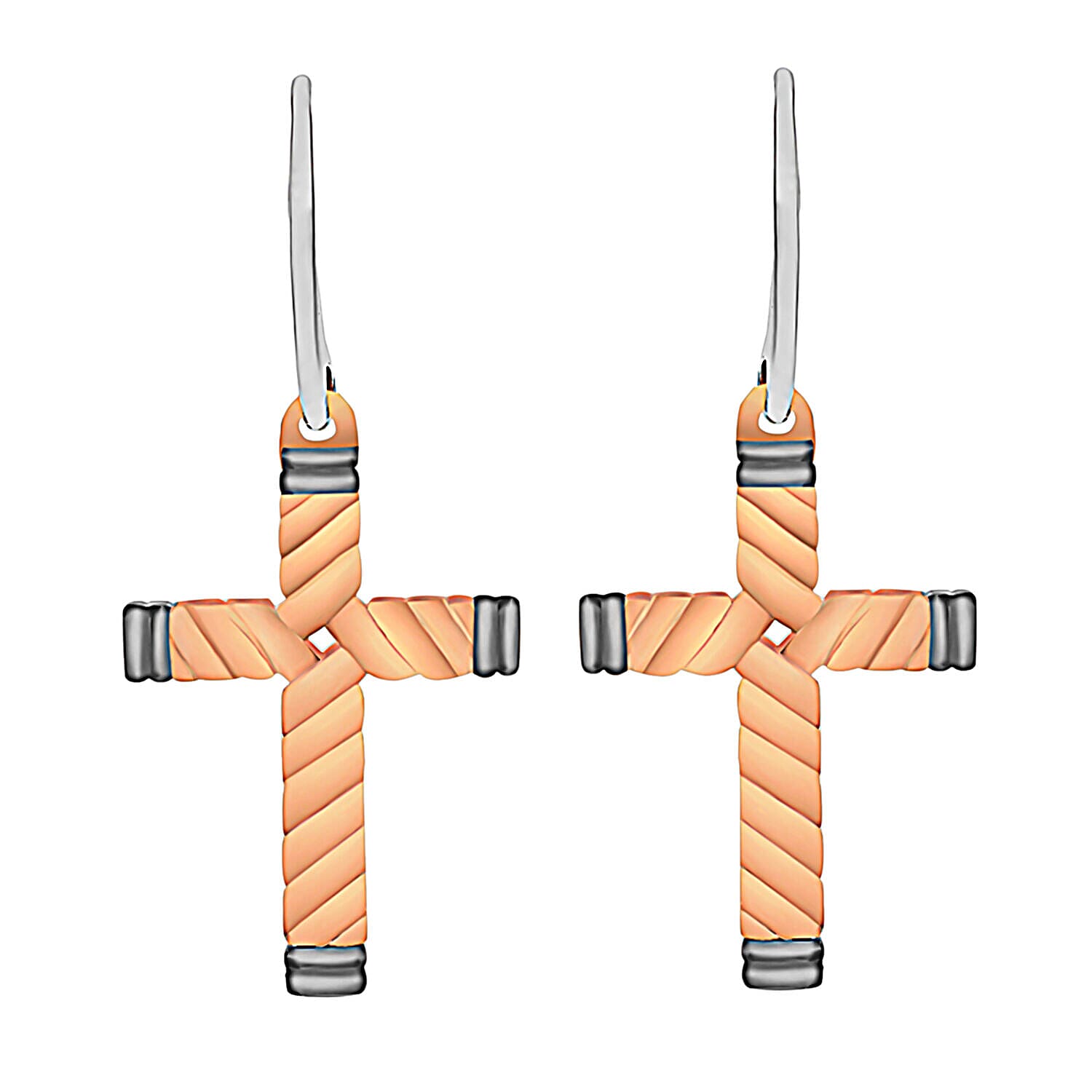 Sterling Silver Rose Gold and Rhodium Plated 15mm x 35mm Twist Cross Drop Earrings 7315540 0