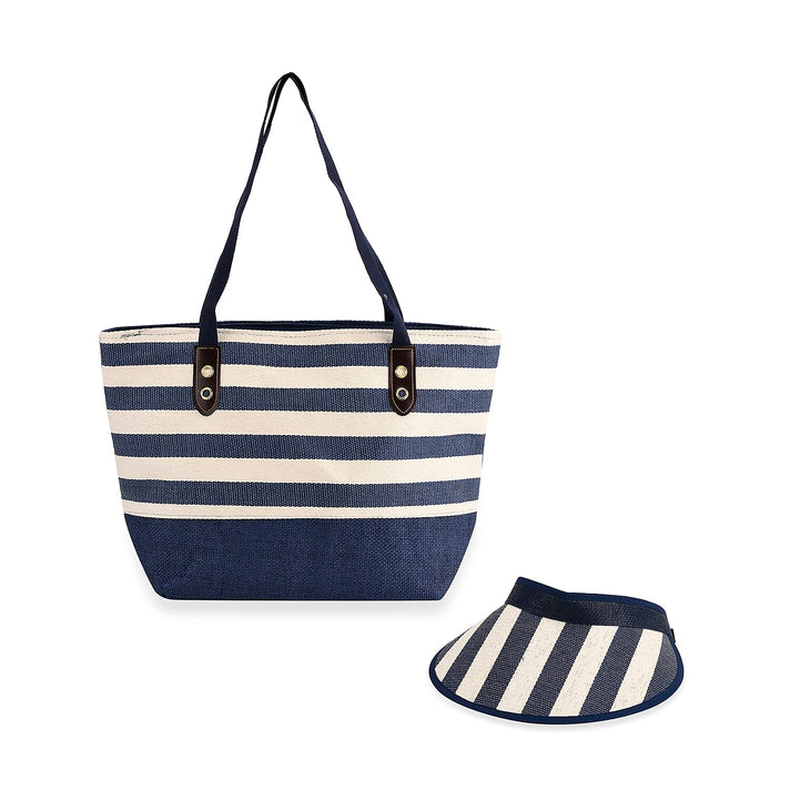 Two-Piece Set - Beach Ready Nautical Style Striped Tote Bag - Hallow Top Sun Hat - Red 8033199 1