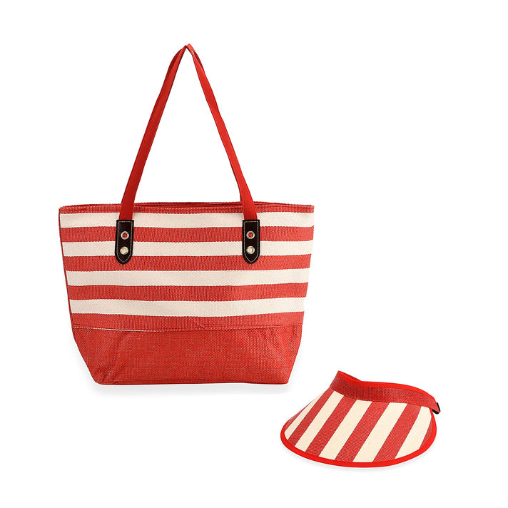 Two-Piece Set - Beach Ready Nautical Style Striped Tote Bag - Hallow Top Sun Hat - Red 8033199 1