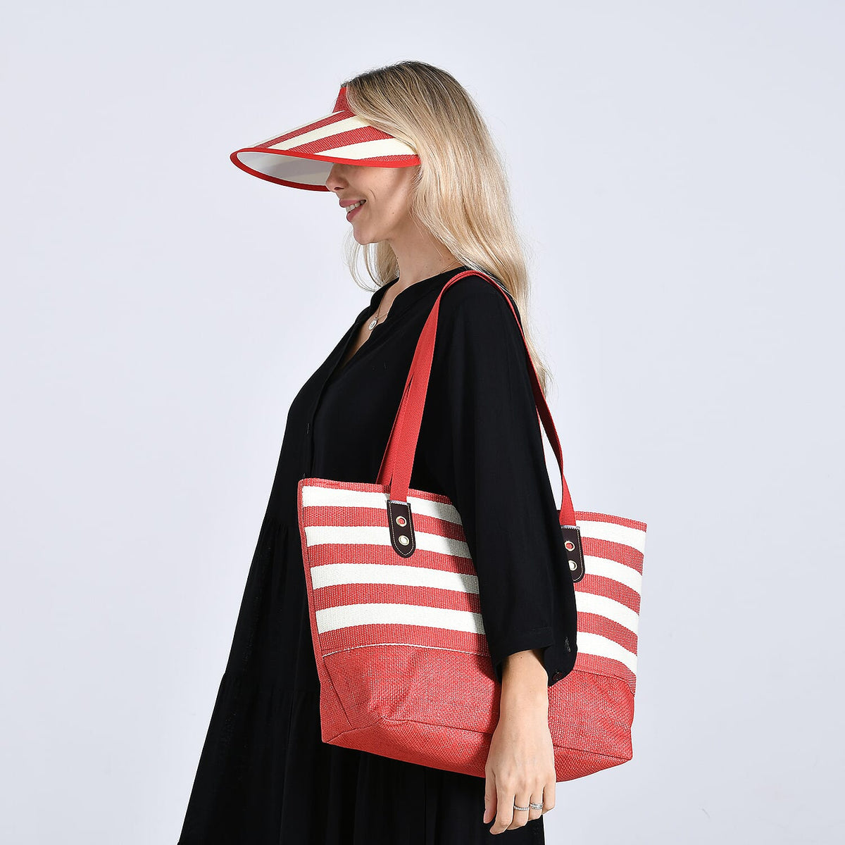 Two-Piece Set - Beach Ready Nautical Style Striped Tote Bag and Hallow Top Sun Hat - Red Stripe 8033199 2