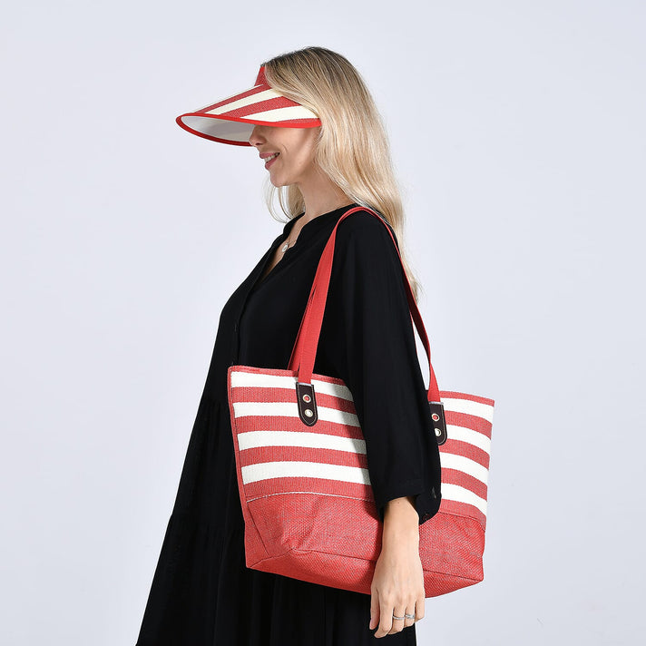 Two-Piece Set - Beach Ready Nautical Style Striped Tote Bag - Hallow Top Sun Hat - Red 8033199 2