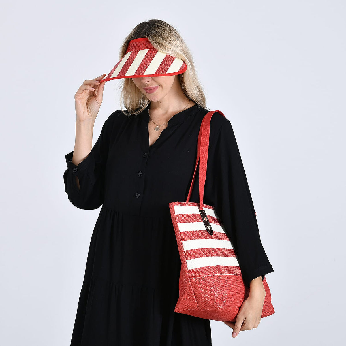 Two-Piece Set - Beach Ready Nautical Style Striped Tote Bag and Hallow Top Sun Hat - Red Stripe 8033199 3