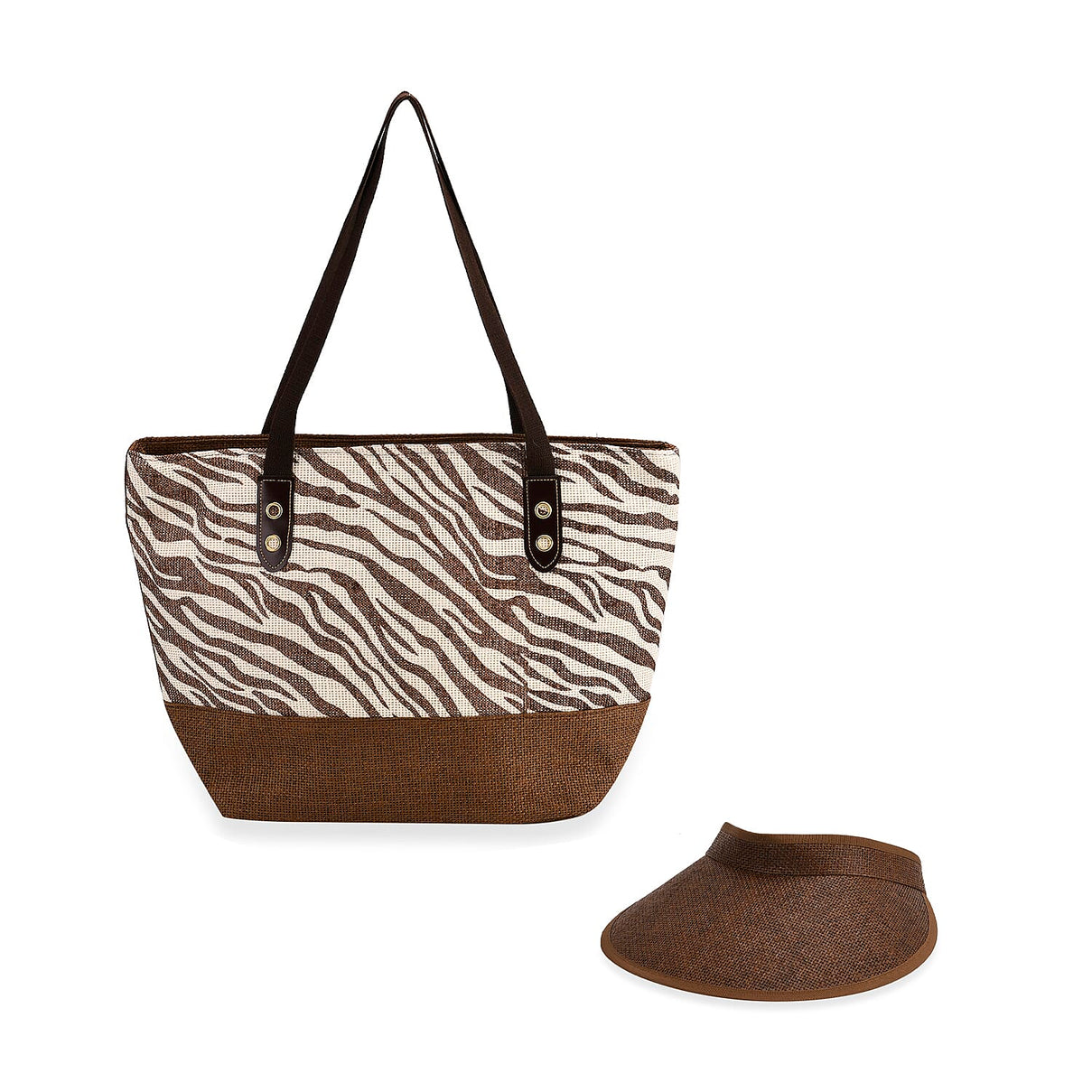 Two-Piece Set - Beach Ready Nautical Style Zebra Pattern Tote Bag and Hallow Top Sun Hat - Brown V32363907 0