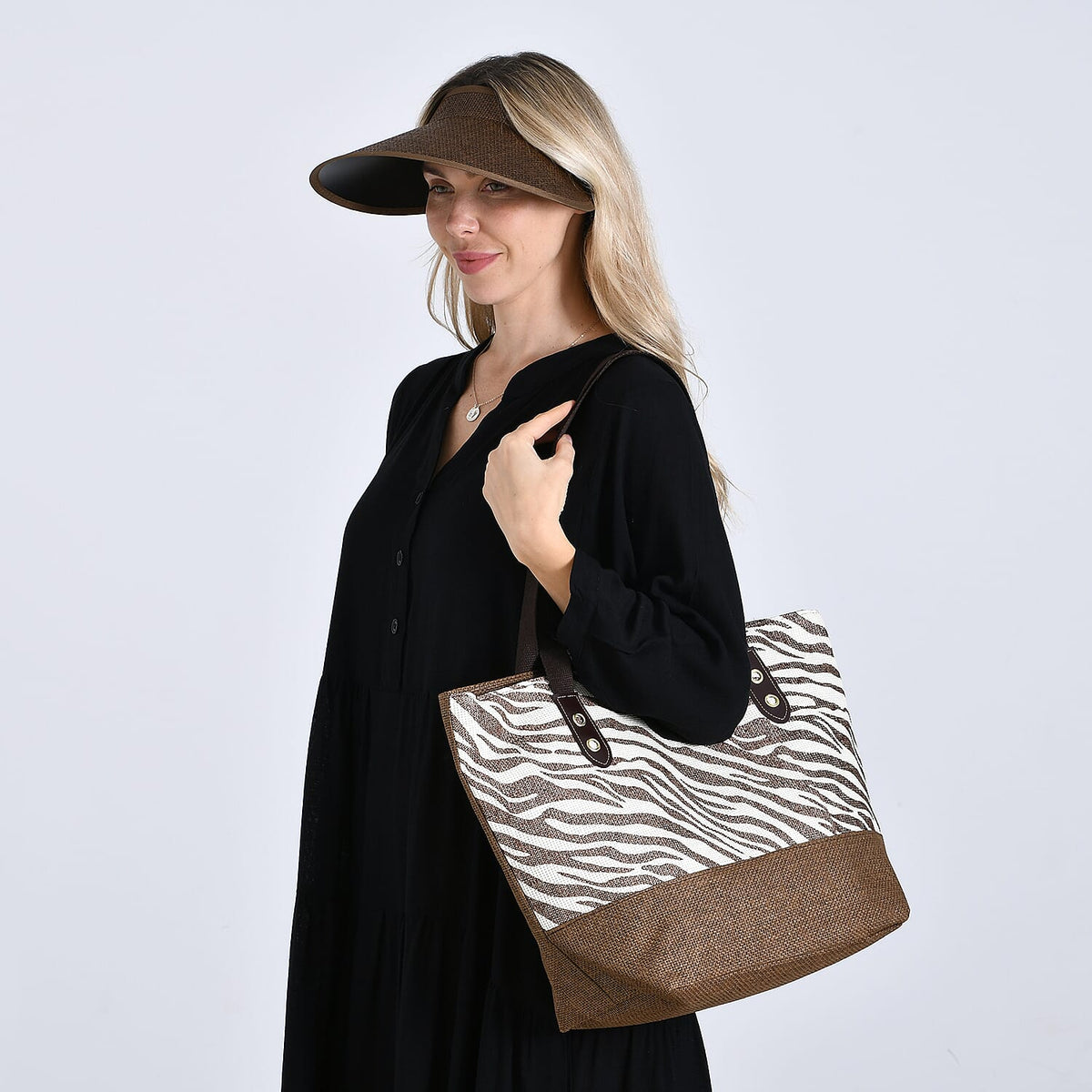 Two-Piece Set - Beach Ready Nautical Style Zebra Pattern Tote Bag and Hallow Top Sun Hat - Brown V32515873 3