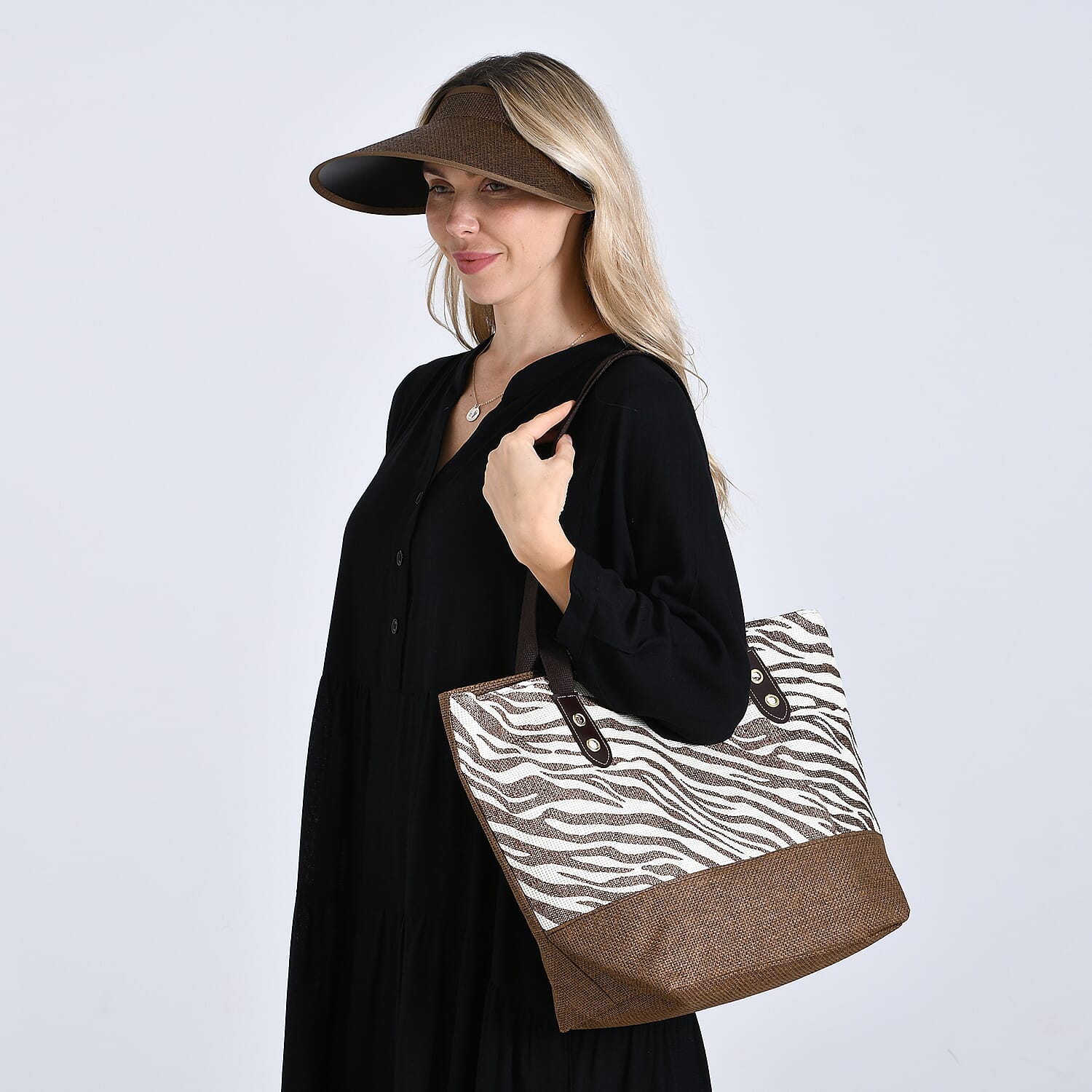 Two-Piece Set - Beach Ready Nautical Style Zebra Pattern Tote Bag and Hallow Top Sun Hat - Brown V32363907 3