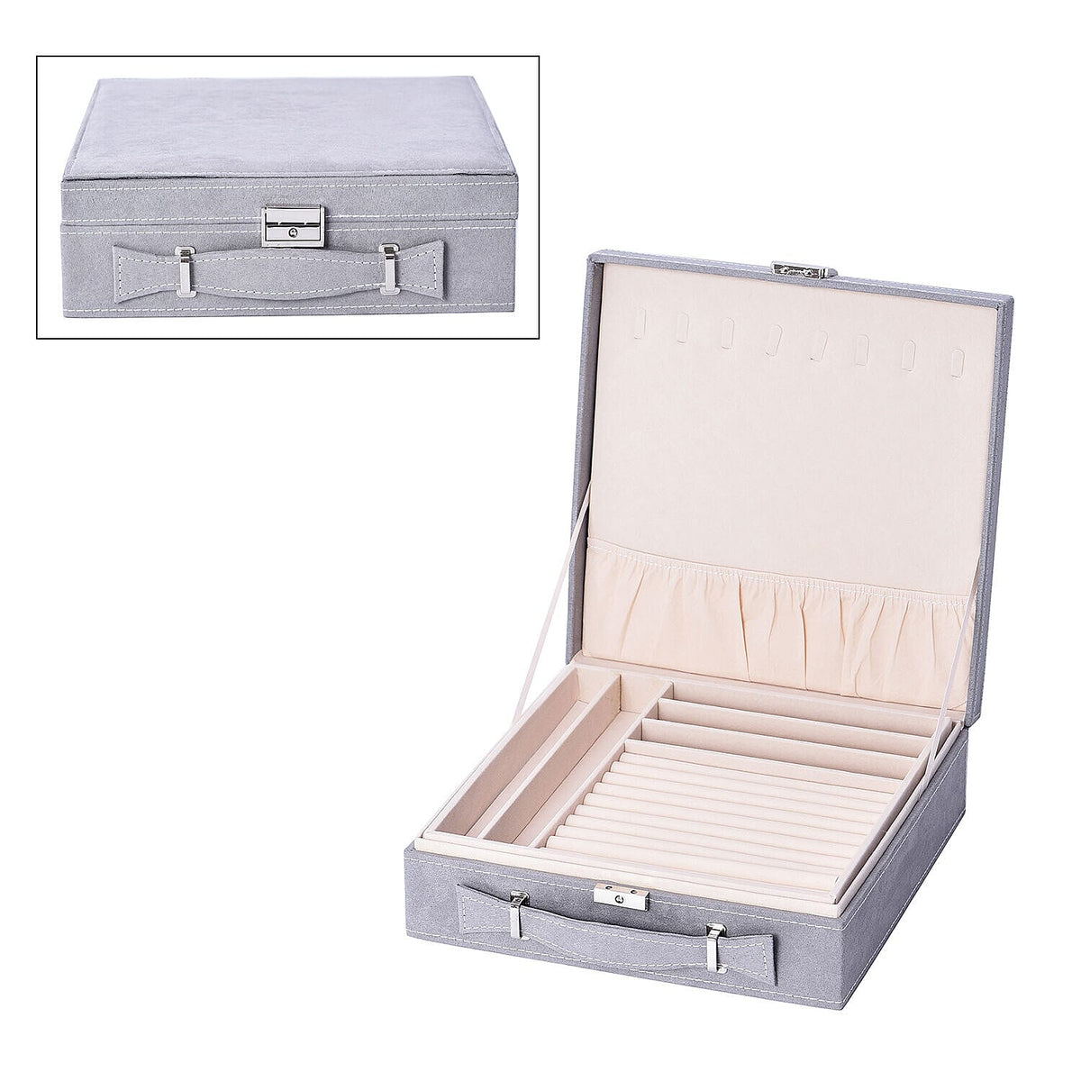 Two Tier Jewellery Box with Handle and Lock - Grey 6512481 0