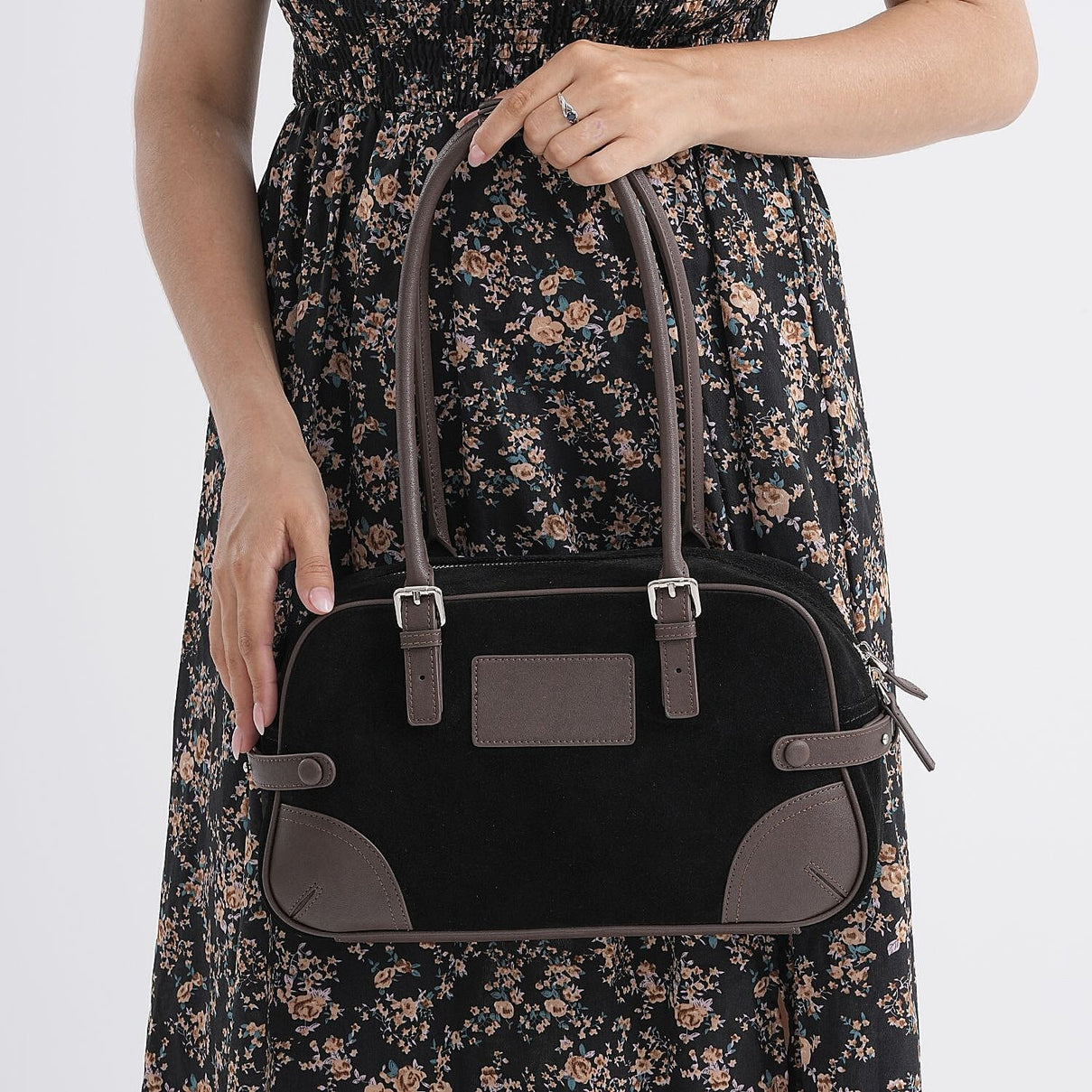 Two-Tone Genuine Leather Structured Bowling Bag - Black 8161095 3