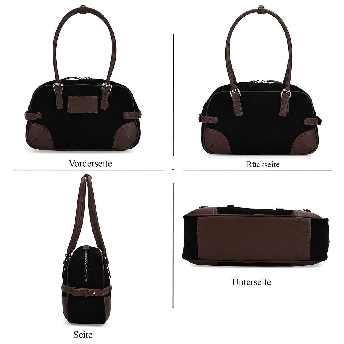Two-Tone Genuine Leather Structured Bowling Bag - Black 8161095 4