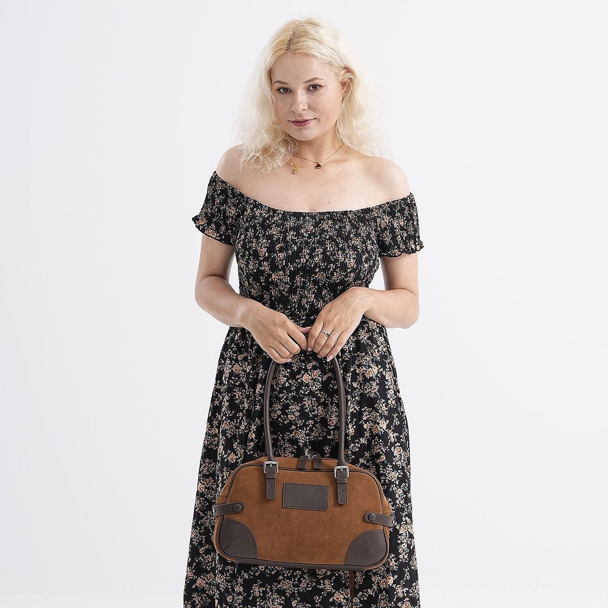 Two-Tone Genuine Leather Structured Bowling Bag - Brown V32521462 2