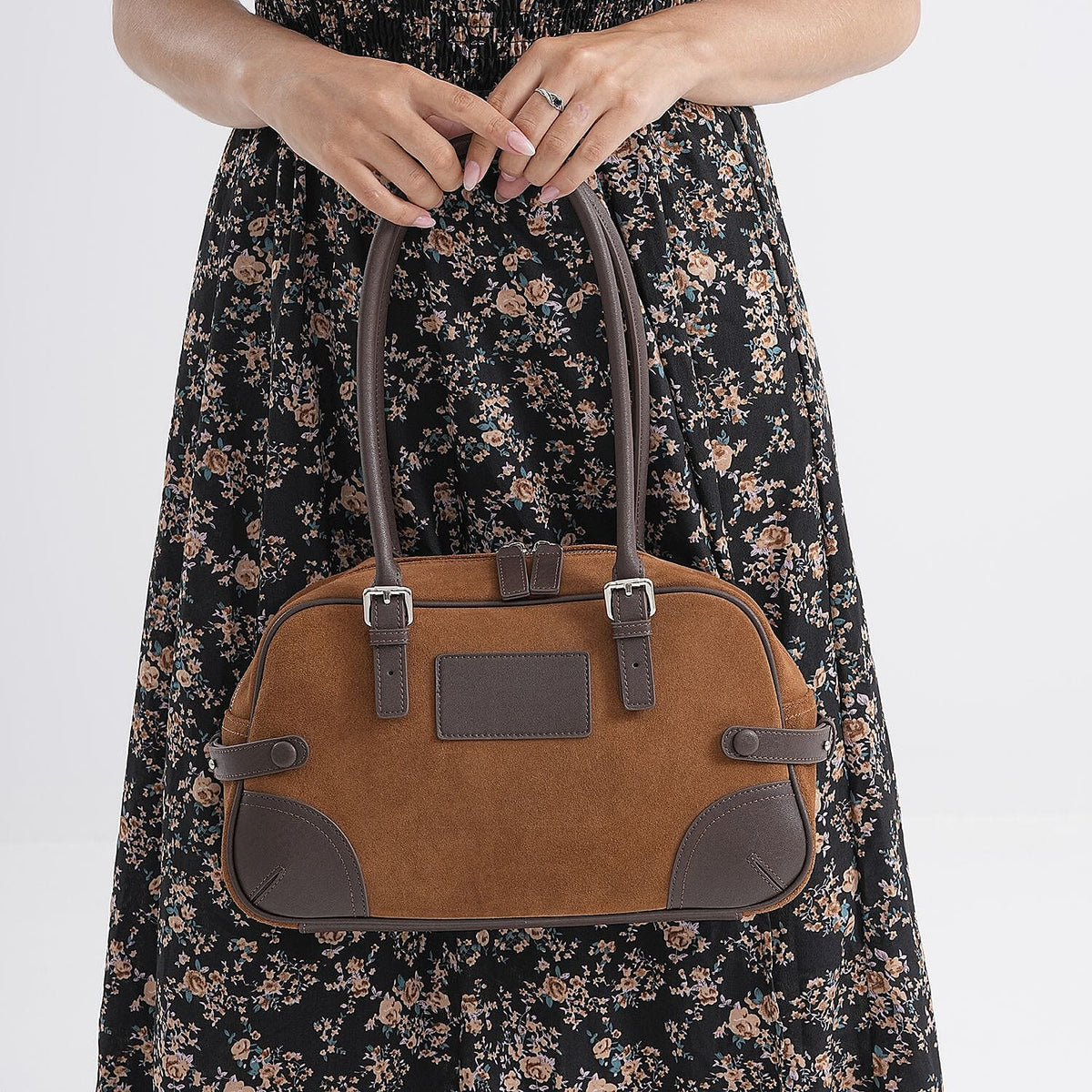 Two-Tone Genuine Leather Structured Bowling Bag - Brown V32521462 3
