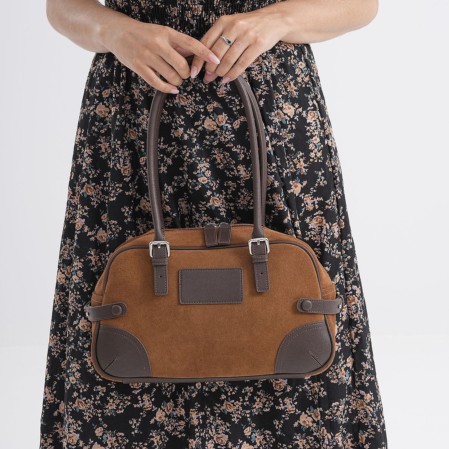 Two-Tone Genuine Leather Structured Bowling Bag - Brown V32521462 3