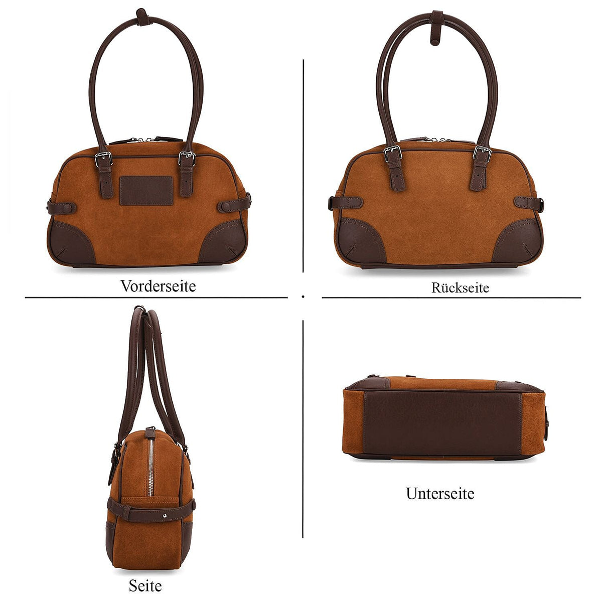 Two-Tone Genuine Leather Structured Bowling Bag - Brown V32521462 4