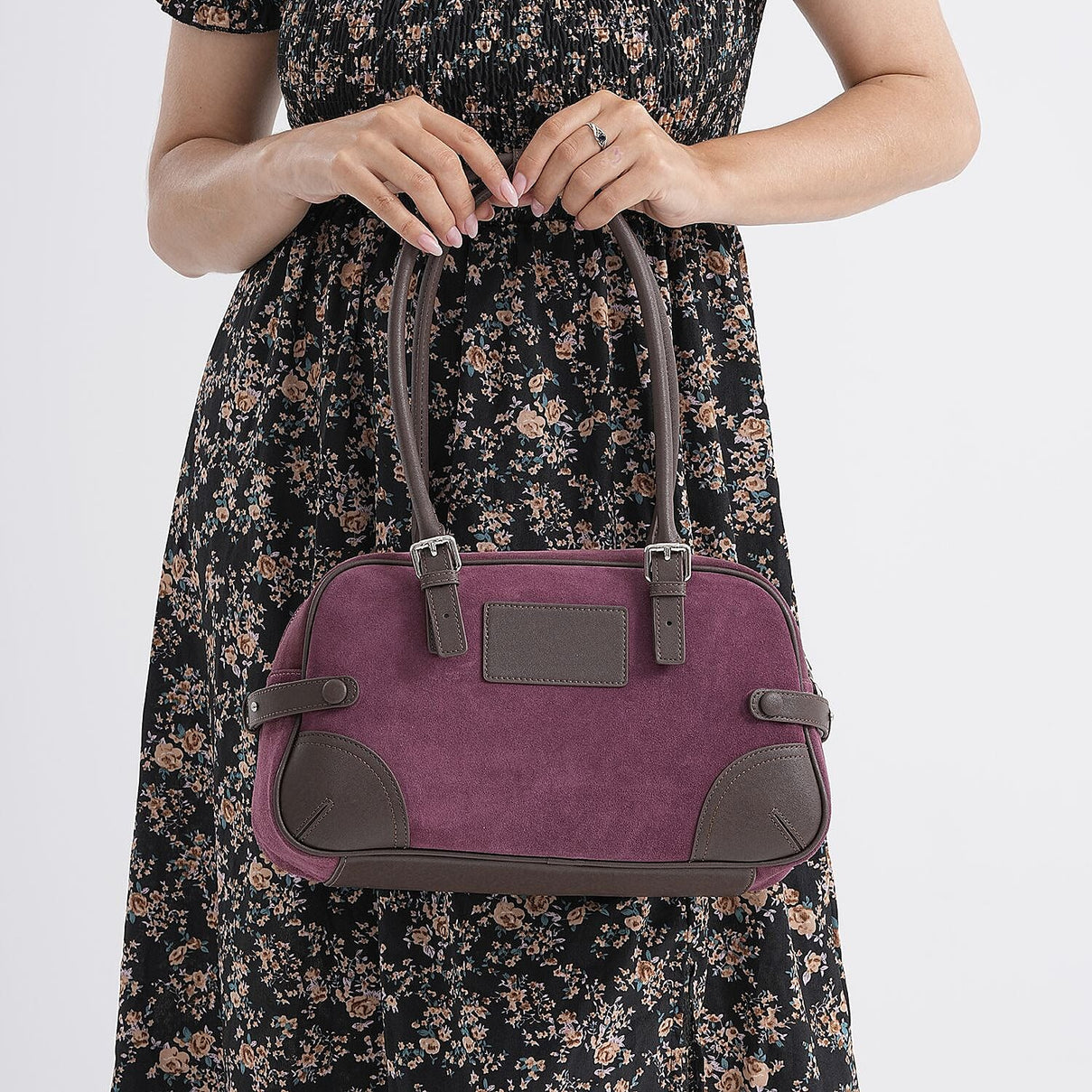 Two-Tone Genuine Leather Structured Bowling Bag - Dark Plum V32528969 3