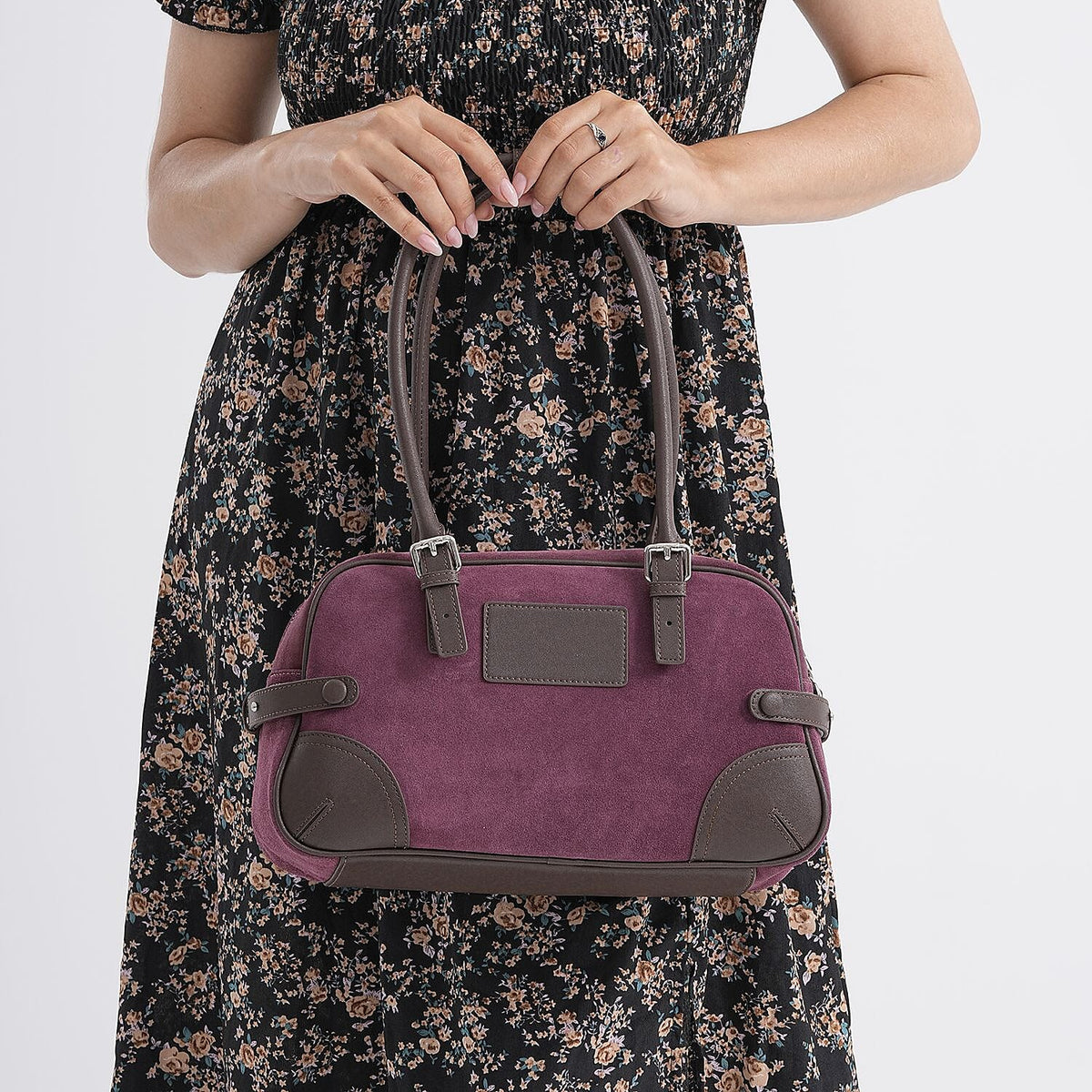 Two-Tone Genuine Leather Structured Bowling Bag - Dark Plum V32528969 3