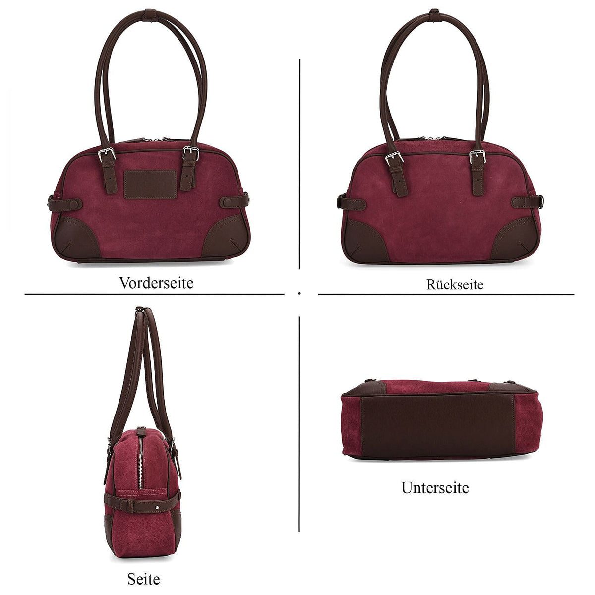 Two-Tone Genuine Leather Structured Bowling Bag - Dark Plum V32528969 4