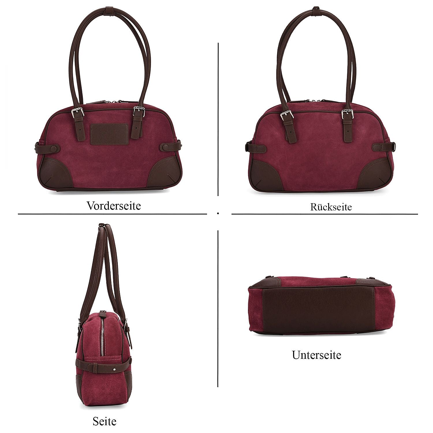 Two-Tone Genuine Leather Structured Bowling Bag - Dark Plum V32528969 4