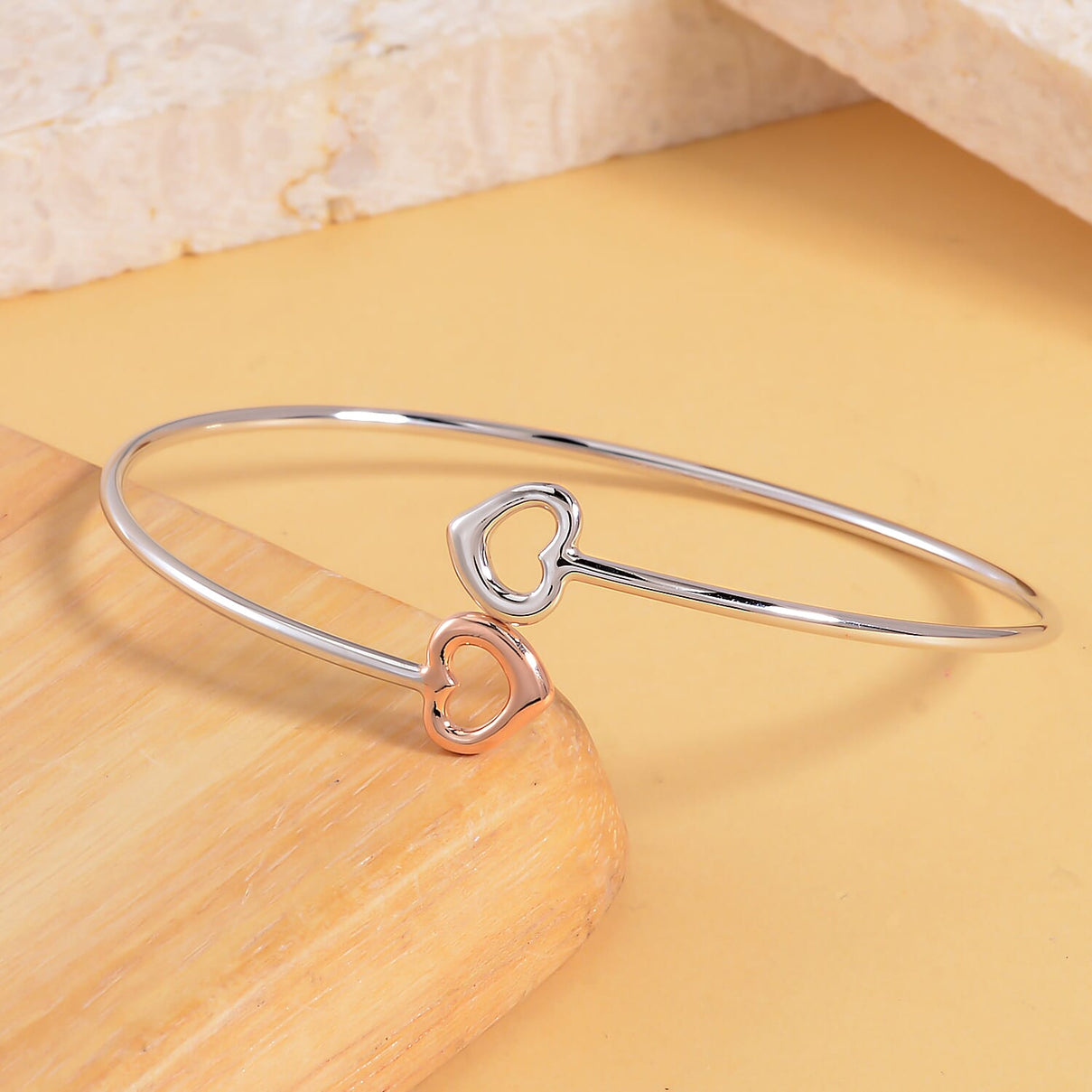 Two-Tone Plated Sterling Silver Double Open Heart Bangle (Size - 7.5), Silver Wt. 7.00 Gms 7622852 2