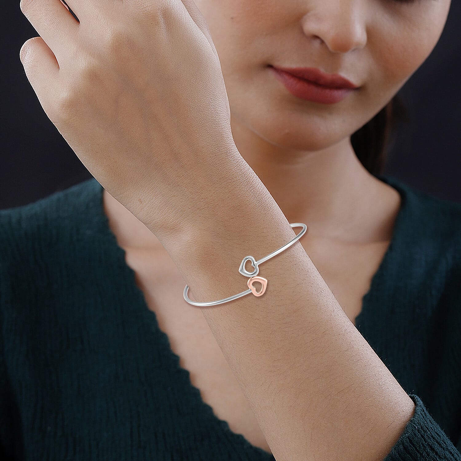 Two-Tone Plated Sterling Silver Double Open Heart Bangle (Size - 7.5), Silver Wt. 7.00 Gms 7622852 3