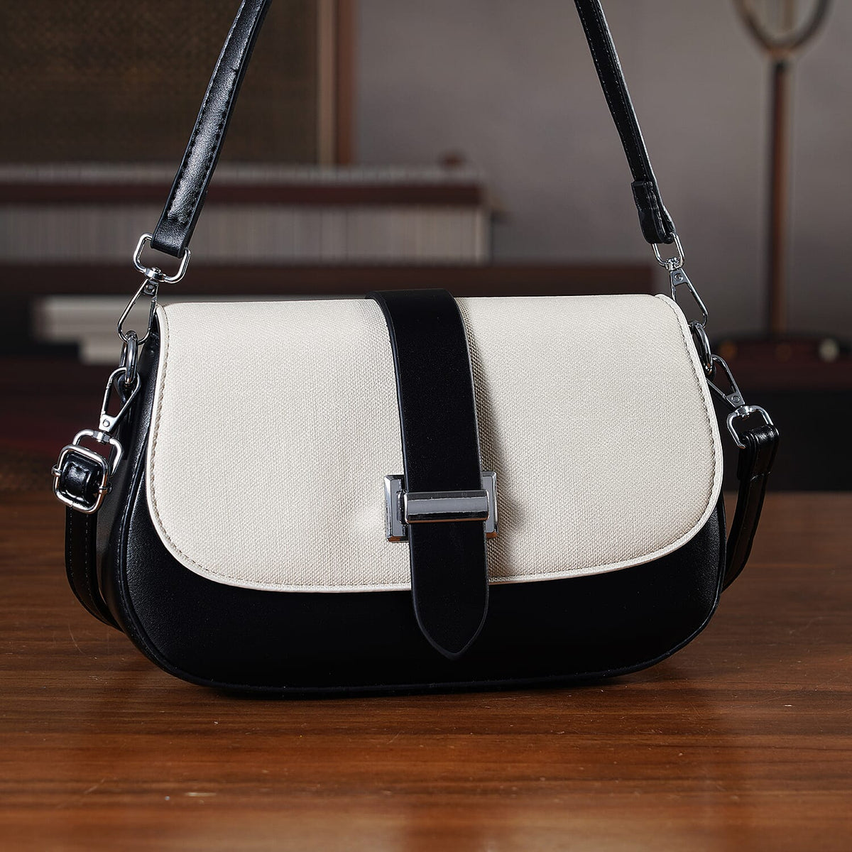 Two-Tone Saddle Bag With Crossbody Strap - Black &amp; White 8413851 2