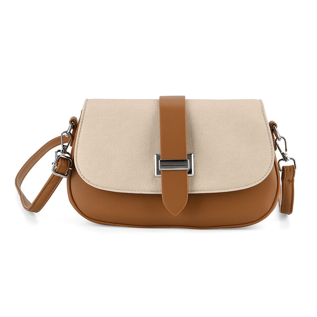 Two-Tone Saddle Bag With Crossbody Strap - Brown & White