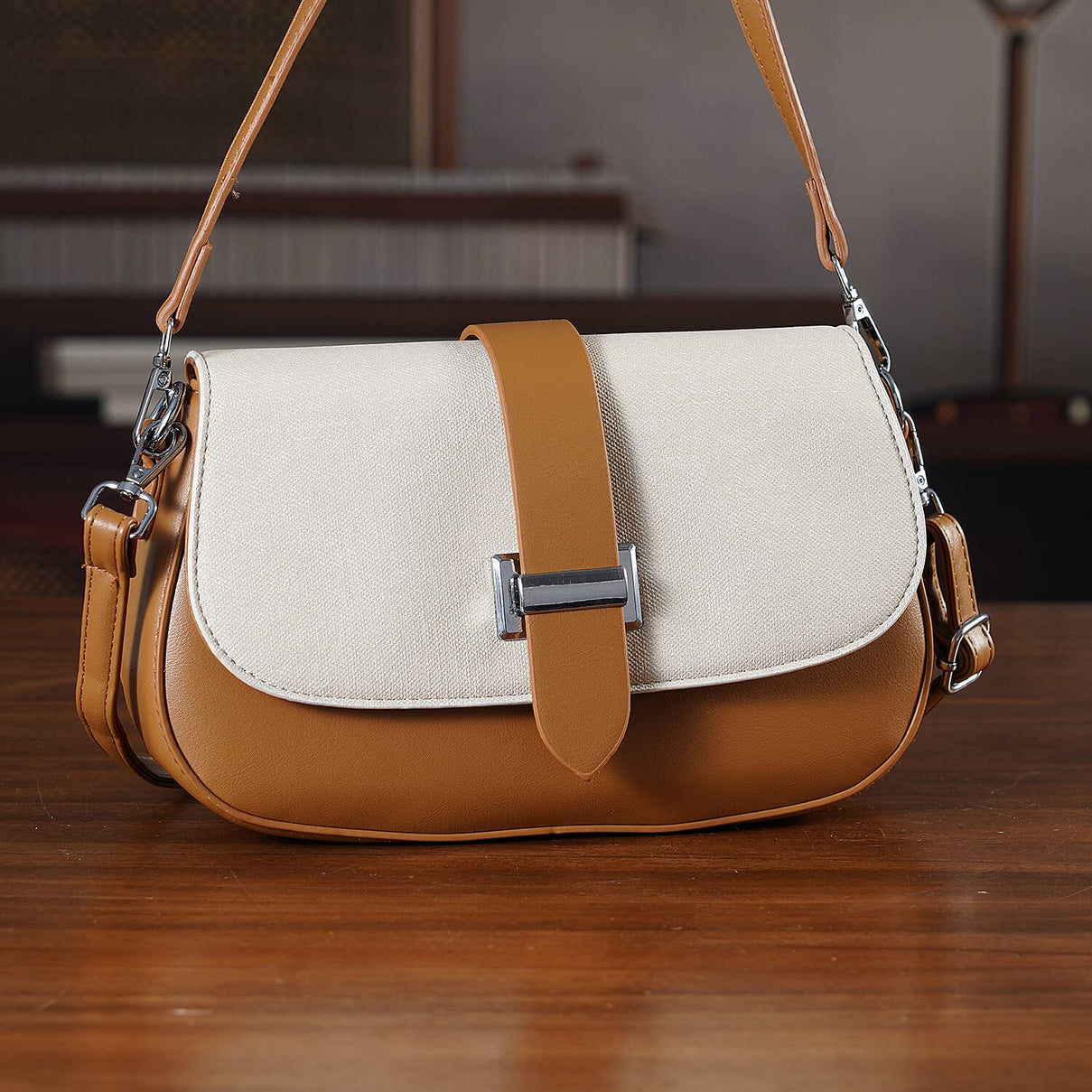 Two-Tone Saddle Bag With Crossbody Strap - Brown &amp; White 8413850 2