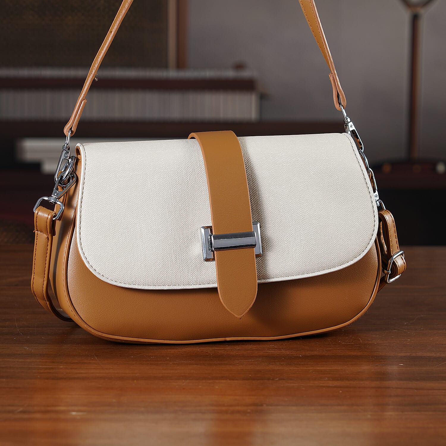 Two-Tone Saddle Bag With Crossbody Strap - Brown &amp; White 8413850 2