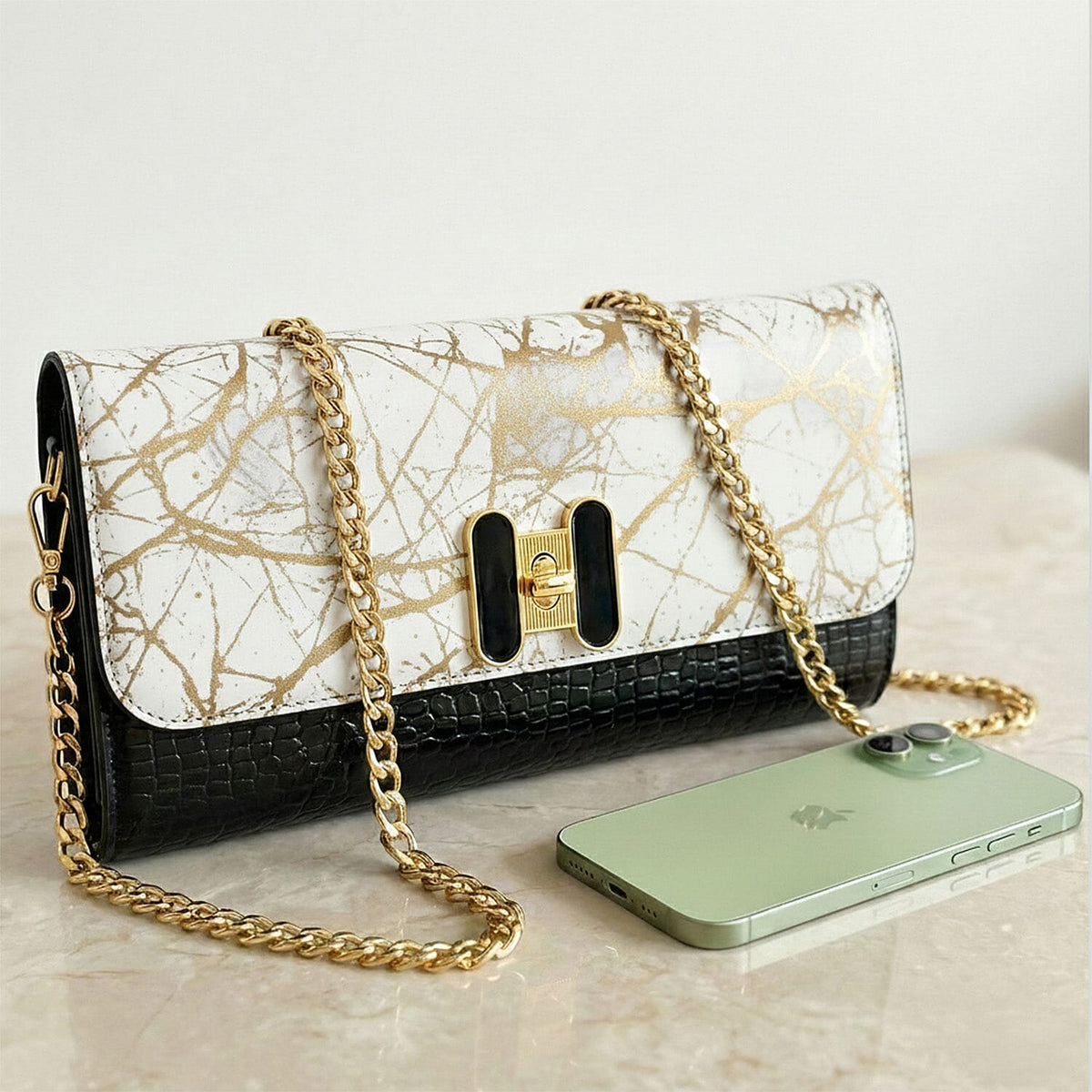 Abstract Print Two-Tone Wallet Crossbody Bag with Chain Strap V32516224 2