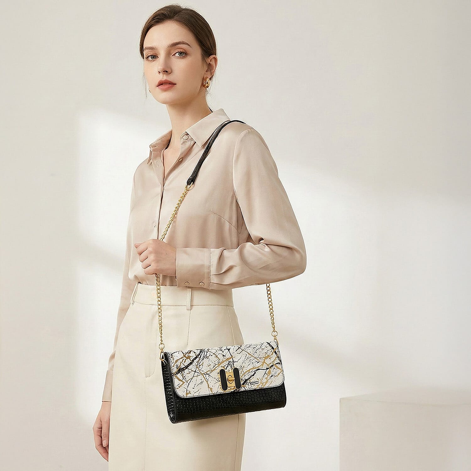 Abstract Print Two-Tone Wallet Crossbody Bag with Chain Strap V32516224 4