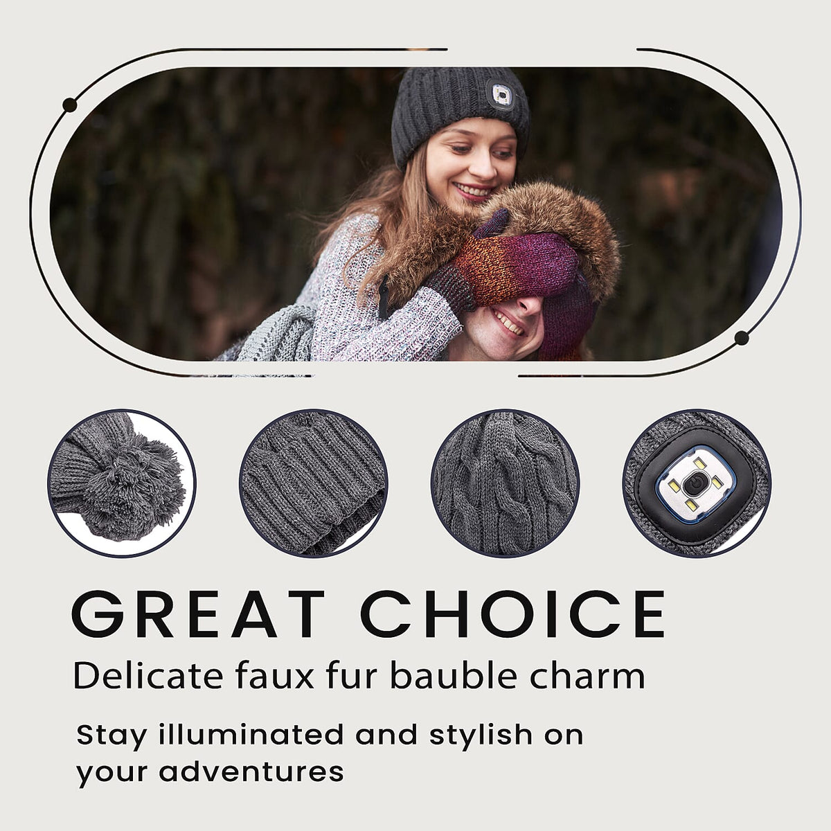 USB Rechargeable Waterproof LED Lamp Cap with Sherpa Lining - Grey 6126643 7