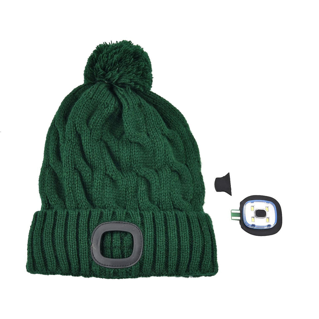 USB Rechargeable Waterproof LED Lighted Bobble Hat with Sherpa Lining - Green