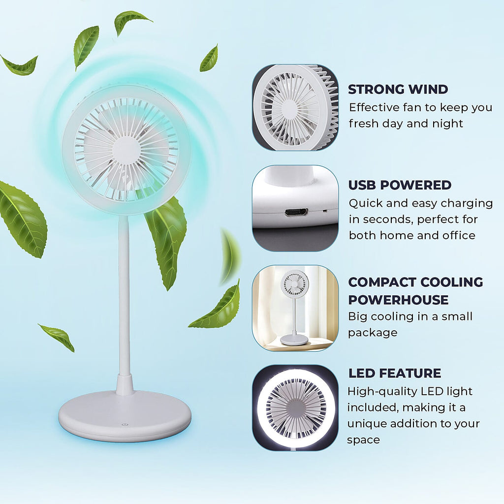 Foldable Desk Fan with LED Light and 3 Wind Speed Setting (Size 31x12x12 cm) - White