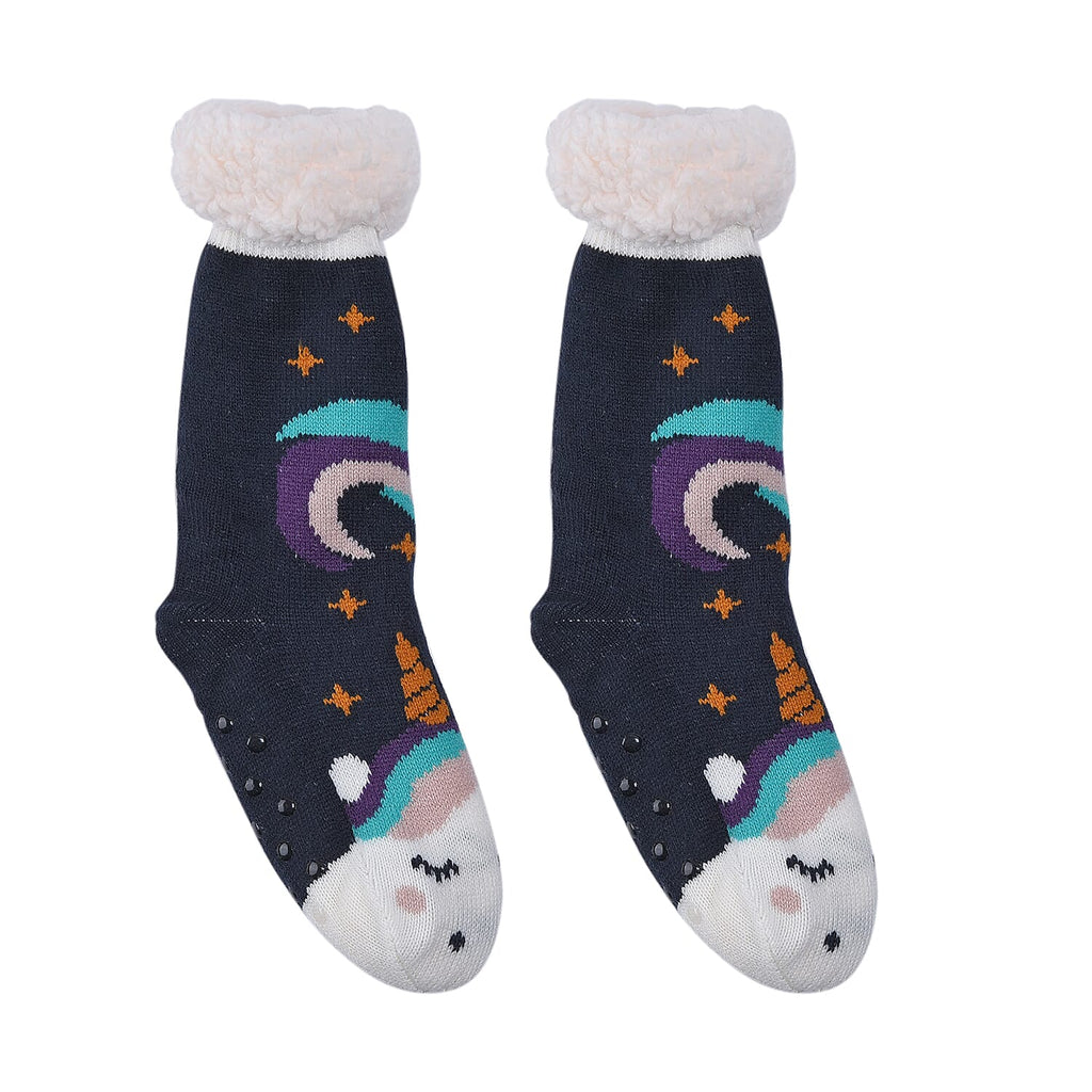 Unicorn Cabin Socks with Fleece Lining (Size 4-7) - Navy & Multi