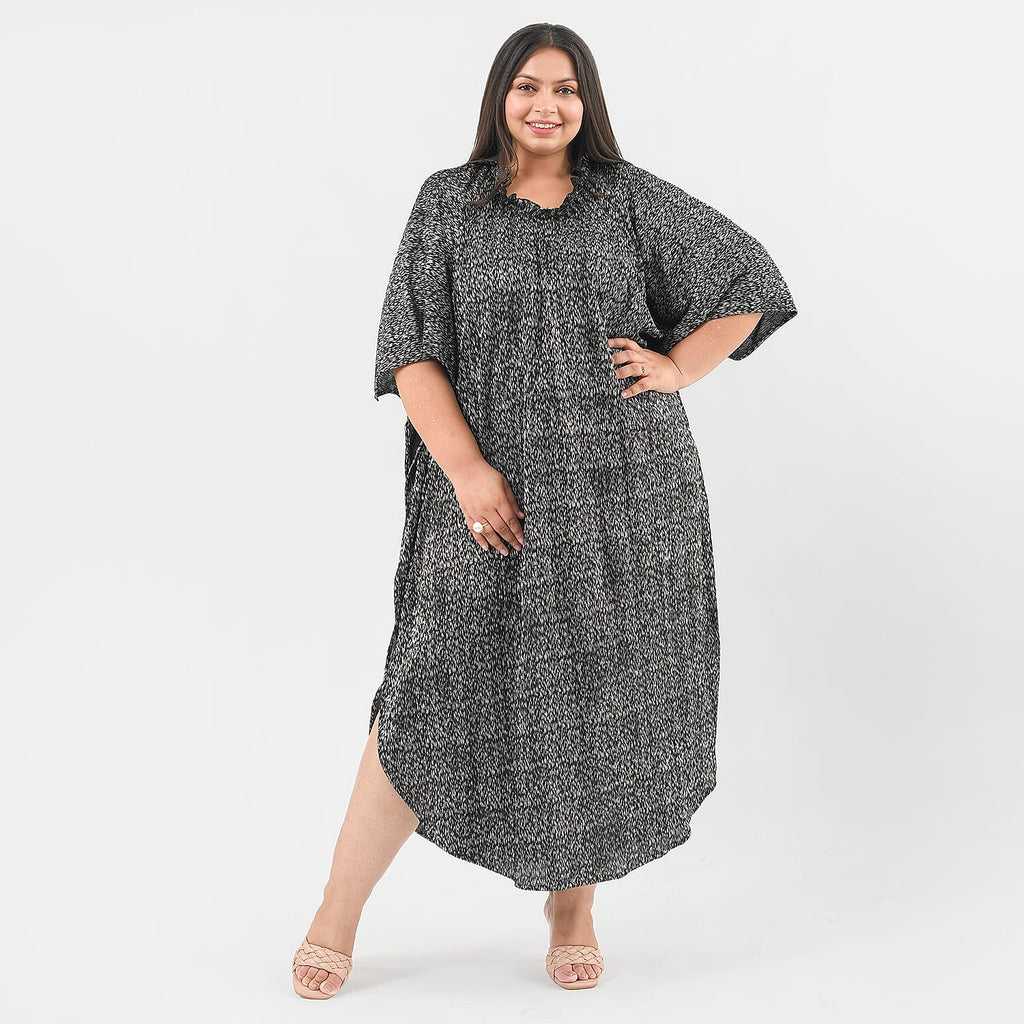 TAMSY Poly Knit Foil Pattern Long Kaftan (One Size) - Black