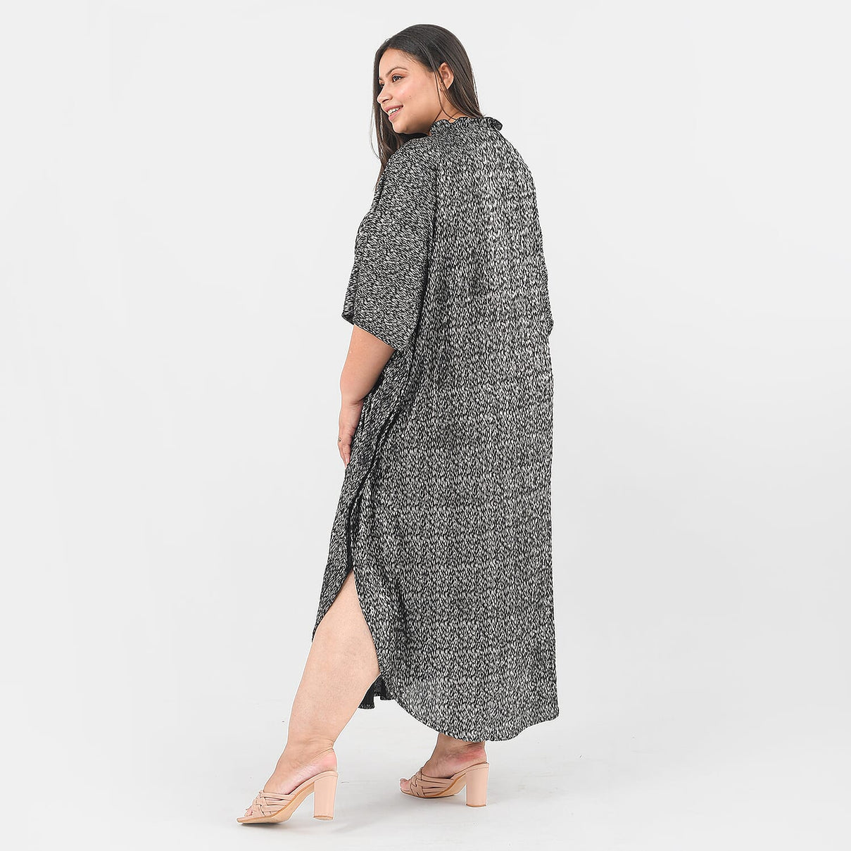 TAMSY Knitted Foil Print Pleated Long Kaftan - Black 7133676 2