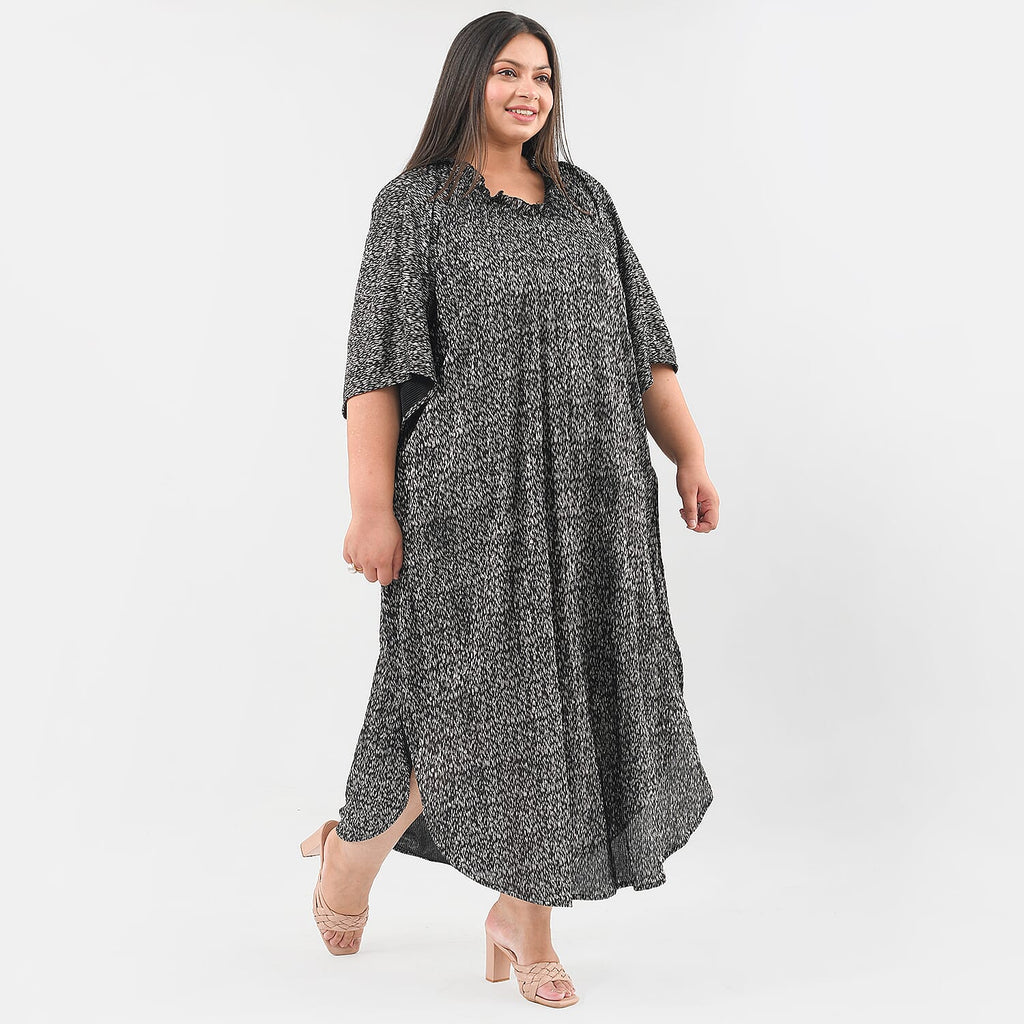 TAMSY Poly Knit Foil Pattern Long Kaftan (One Size) - Black
