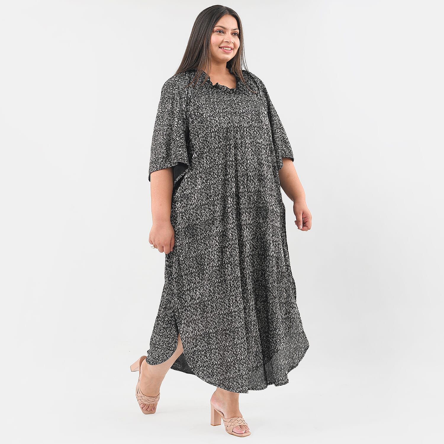 TAMSY Knitted Foil Print Pleated Long Kaftan - Black 7133676 3