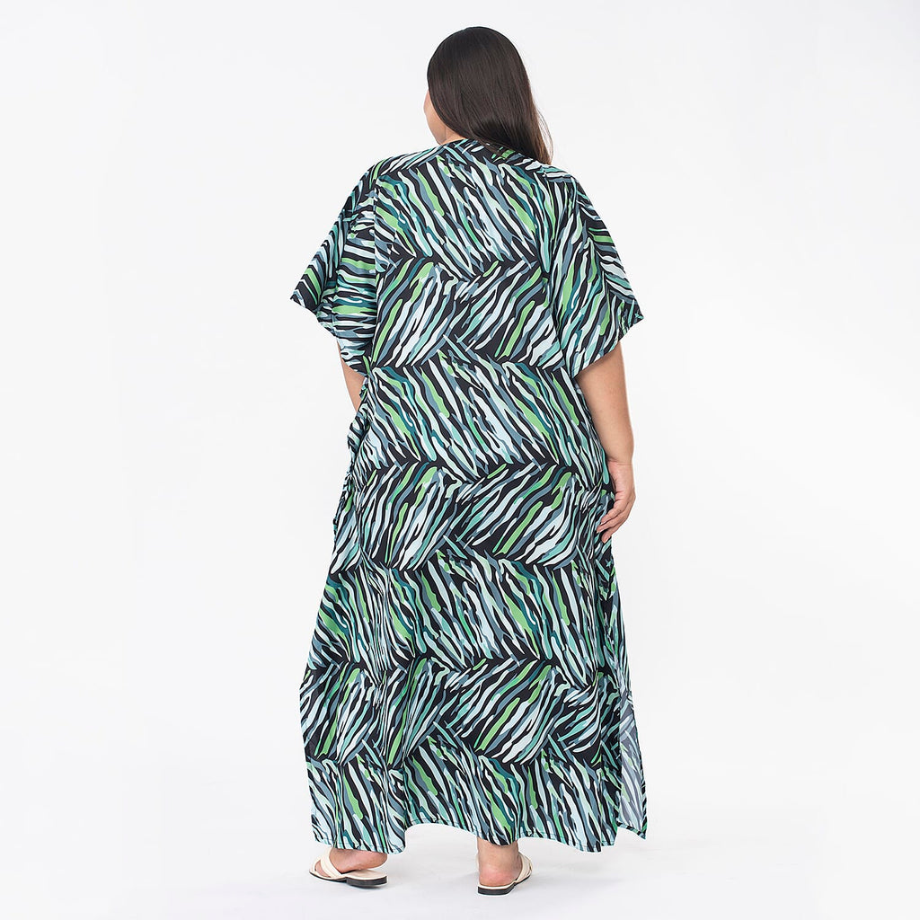 Tamsy Printed Maxi Kaftan Dress (One Size) - Green & Black
