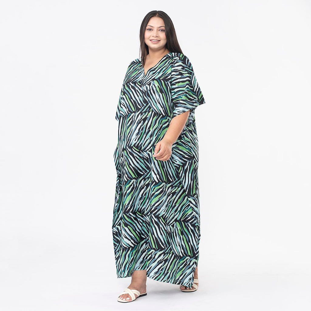 Tamsy Printed Maxi Kaftan Dress (One Size) - Green & Black