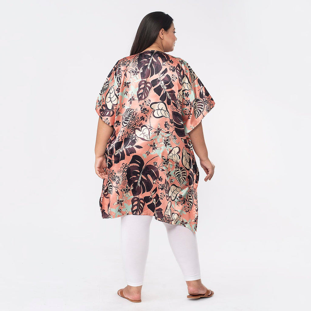 TAMSY Exclusive Boho Leaf Printed Short Kaftan with Pocket (One Size,8-18) - Orange