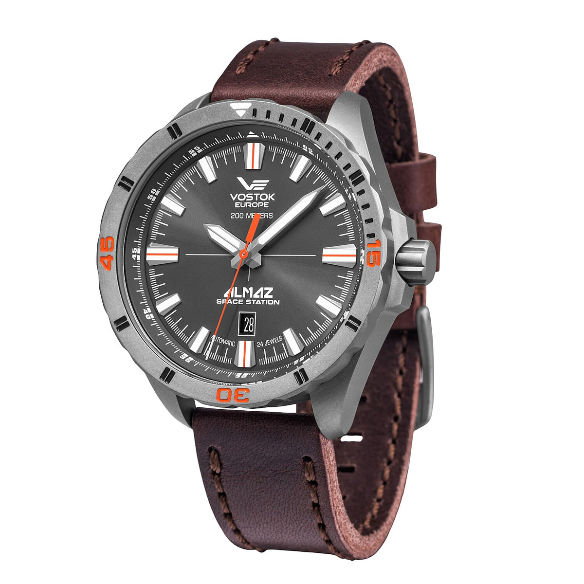 VOSTOK EUROPE Almaz Automatic Movt. 20ATM WR Titanium Plated Mens Watch with Brown Genuine Leather Strap 7857091 0