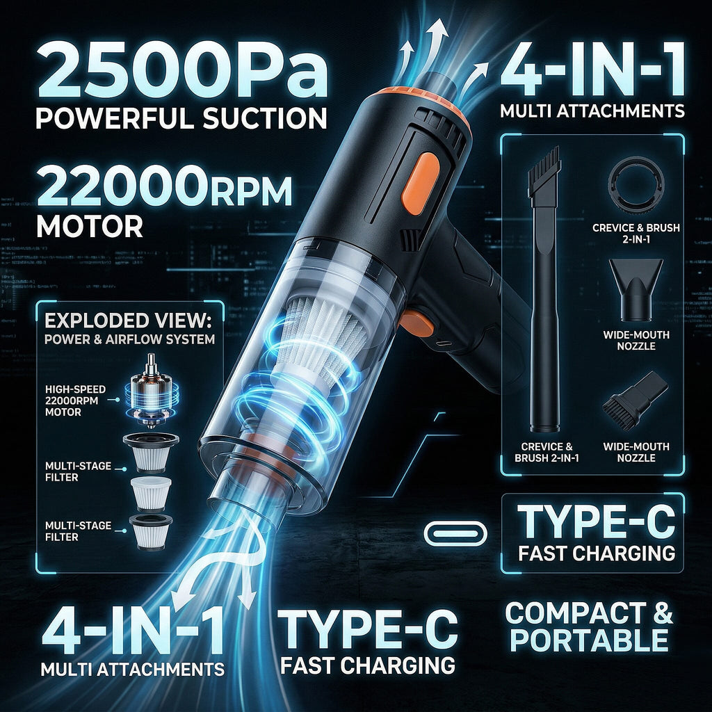 Mini Vacuum Cleaner - Cordless, Suction & Blower, 4 attachments, USB--C, upto 8 min run-time