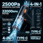 Mini Vacuum Cleaner - Cordless, Suction & Blower, 4 attachments, USB--C, upto 8 min run-time