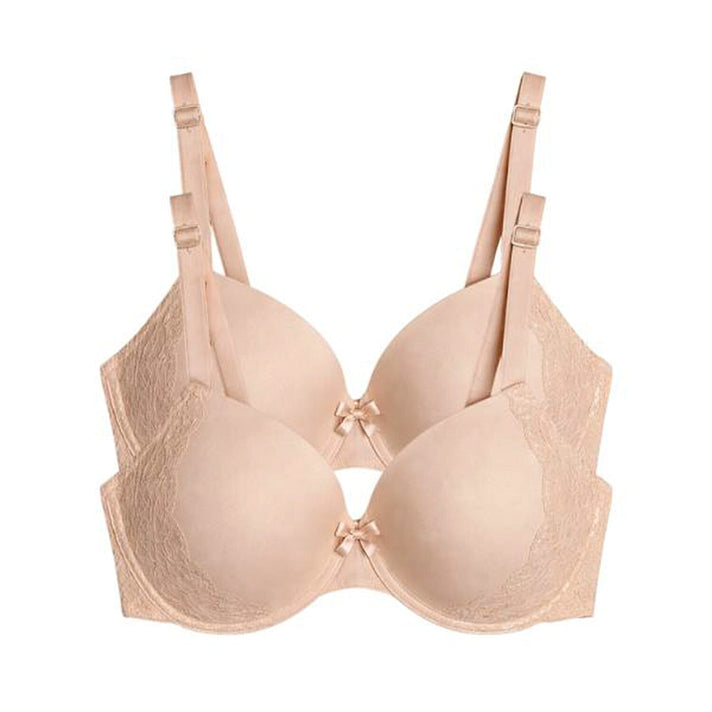 Valbonne Womens Pack Of 2 Padded Underwire T-Shirt Bra With Lace Detail (Size 36DD) - Nude 8504352 1