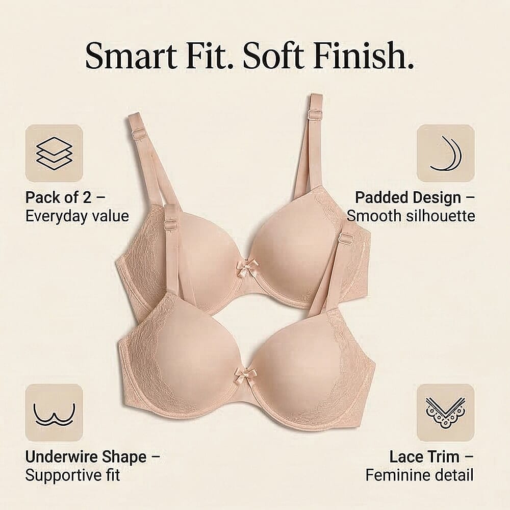 Valbonne Womens Pack Of 2 Padded Underwire T-Shirt Bra With Lace Detail (Size 36DD) - Nude