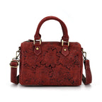 Valissiere Brocade with Genuine Leather Satchel Handbag with Shoulder Strap (120 cm) - Burgundy