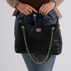 Valissiere Designer Inspired Genuine Leather Two-Tone Quilted Shoulder Handbag with Gold Chain Strap - Black