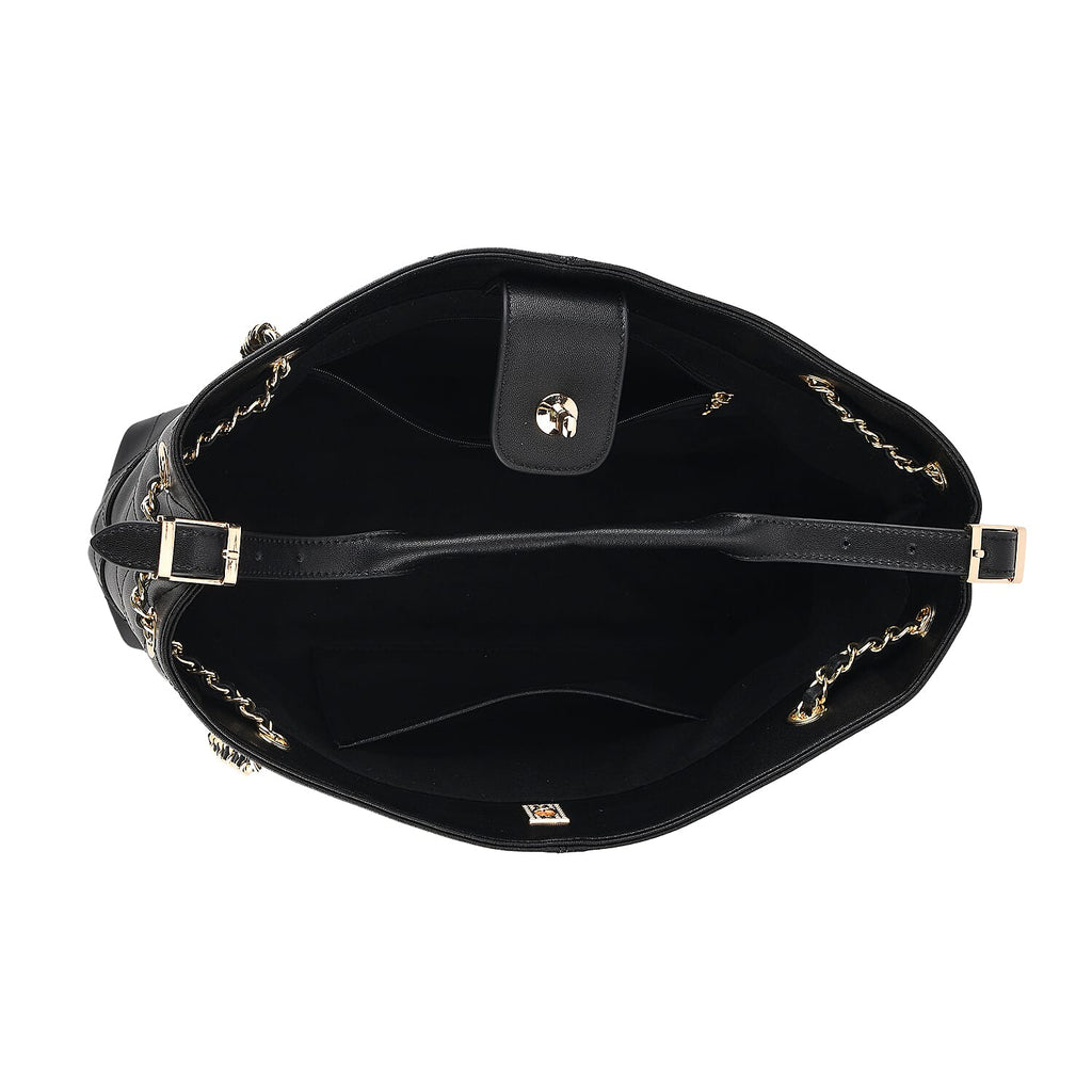 Valissiere Designer Inspired Genuine Leather Two-Tone Quilted Shoulder Handbag with Gold Chain Strap - Black