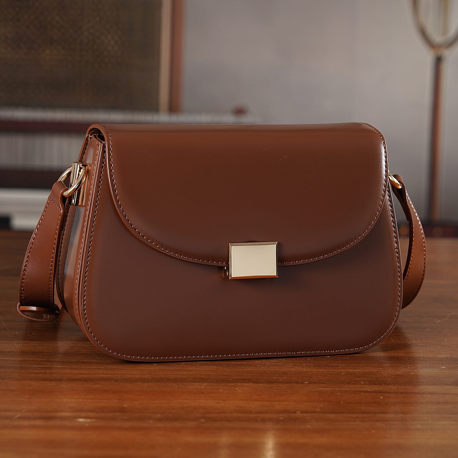 Valissiere Designer Inspired Genuine Leather Structured Small Saddle Crossbody Handbag - Brown 8484564 2