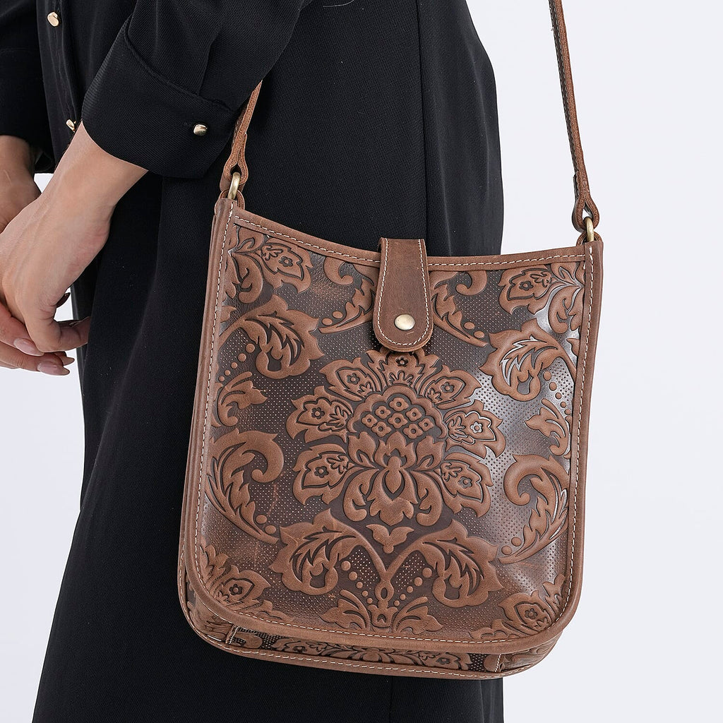 Genuine Leather Crossbody Bag with Embossed Floral Brocade - Dark Brown